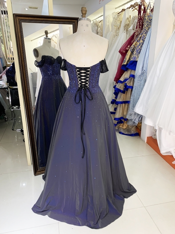 Wholesale new navy rhinestone off shoulder A line sleeveless lace up back elegant prom ball gown dress