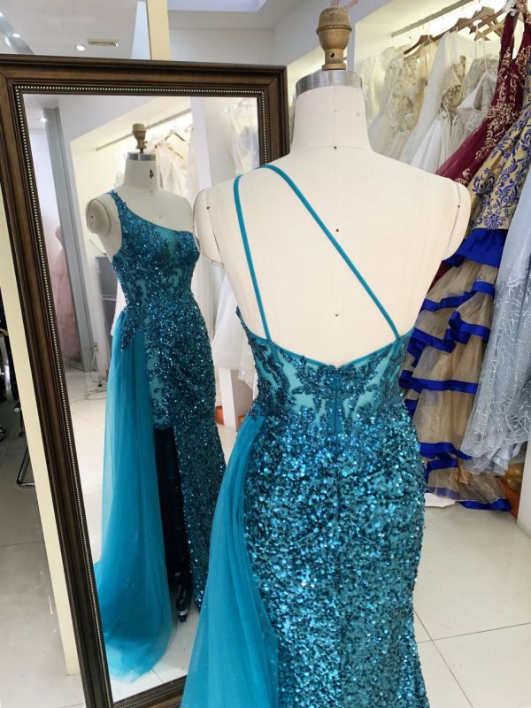 New green one shoulder wholesale outfit long gowns evening dresses for prom night