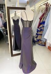 Wholesale purple new glitter corset long hand pleated sleeveless side slit mermaid prom dress 2025