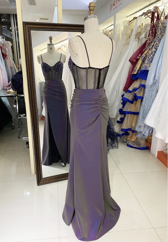 Wholesale purple new glitter corset long hand pleated sleeveless side slit mermaid prom dress 2025