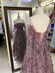 Wholesale mauve long puff sleeve tulle pleated beading A line zipper up back long gown evening prom dress 2025