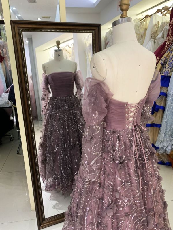 Wholesale mauve long puff sleeve tulle pleated beading A line zipper up back long gown evening prom dress 2025