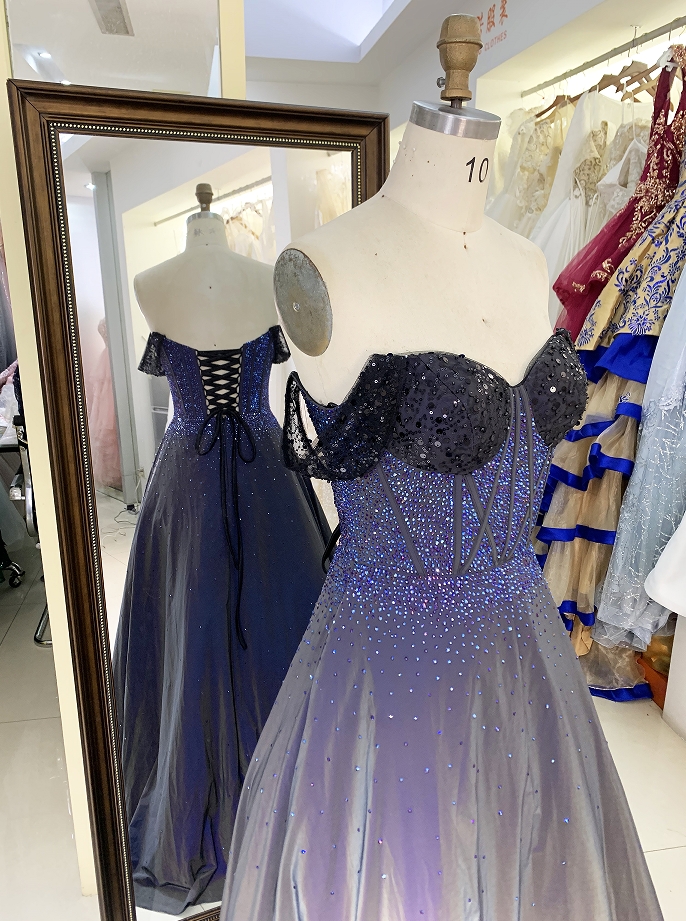 Wholesale new navy rhinestone off shoulder A line sleeveless lace up back elegant prom ball gown dress