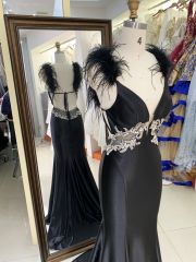 New luxury feather wholesale black prom dress teen long gowns evening for women 2025