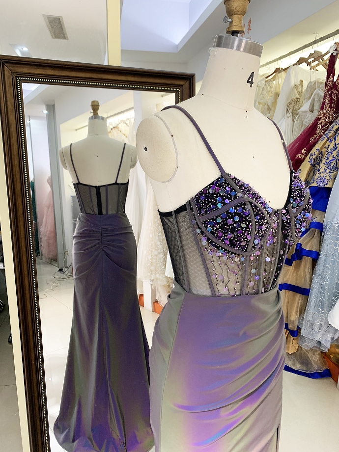 Wholesale purple new glitter corset long hand pleated sleeveless side slit mermaid prom dress 2025