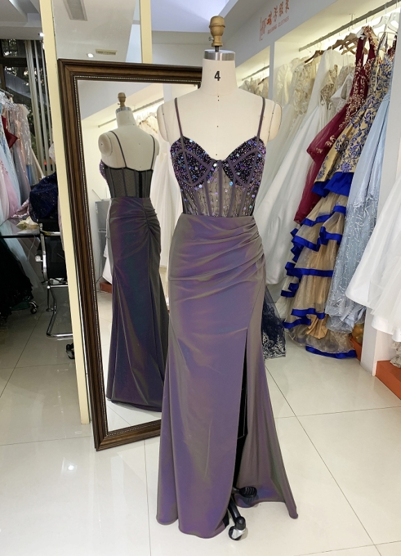 Wholesale purple new glitter corset long hand pleated sleeveless side slit mermaid prom dress 2025