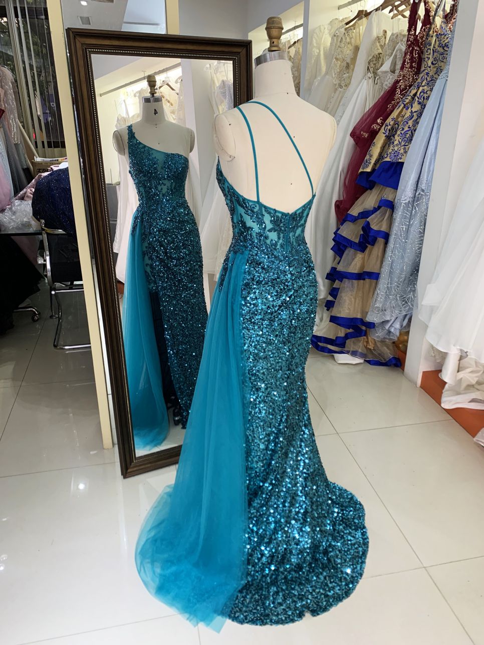 New green one shoulder wholesale outfit long gowns evening dresses for prom night