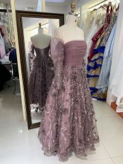 Wholesale mauve long puff sleeve tulle pleated beading A line zipper up back long gown evening prom dress 2025