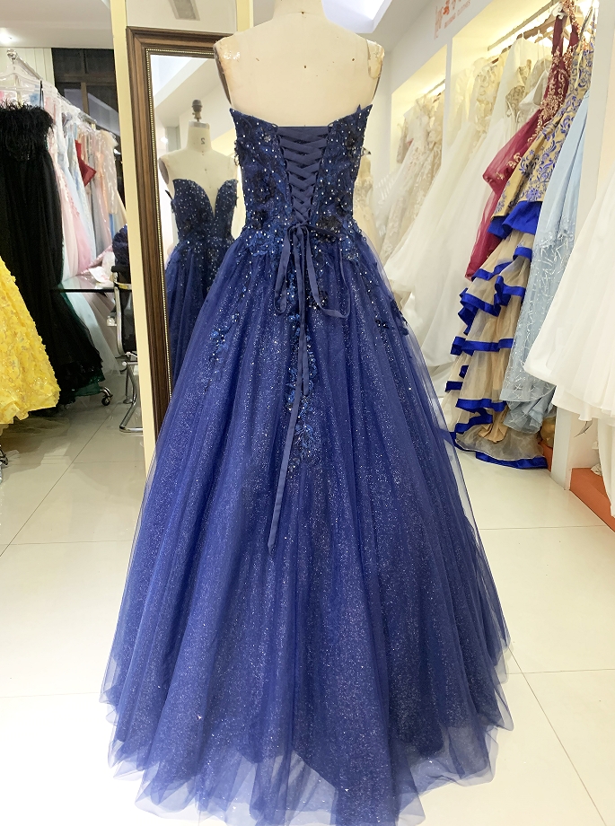 2025 new navy shiny tulle A line sleeveless lace up back elegant prom dress ball gown