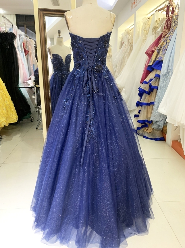 2025 new navy shiny tulle A line sleeveless lace up back elegant prom dress ball gown