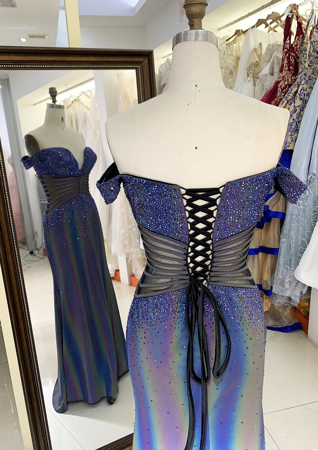 Purple off shoulder rhinestone mermaid corset elegant prom dresses luxurious 2025