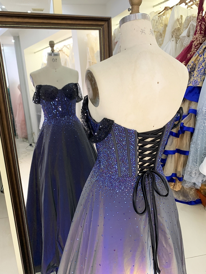 Wholesale new navy rhinestone off shoulder A line sleeveless lace up back elegant prom ball gown dress