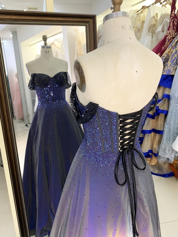 Wholesale new navy rhinestone off shoulder A line sleeveless lace up back elegant prom ball gown dress