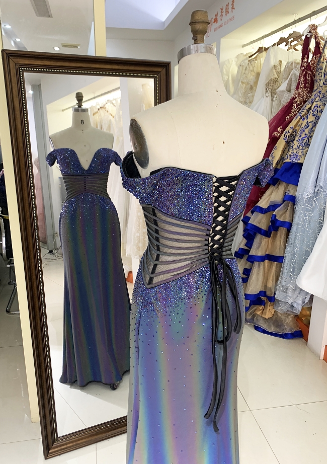 Purple off shoulder rhinestone mermaid corset elegant prom dresses luxurious 2025