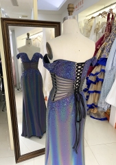 Purple off shoulder rhinestone mermaid corset elegant prom dresses luxurious 2025
