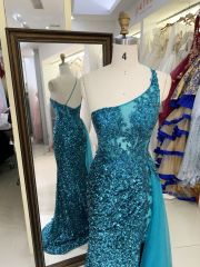 New green one shoulder wholesale outfit long gowns evening dresses for prom night