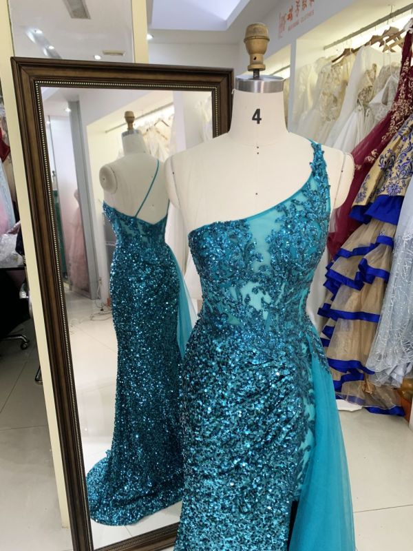 New green one shoulder wholesale outfit long gowns evening dresses for prom night