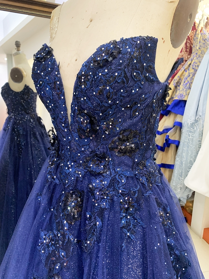 2025 new navy shiny tulle A line sleeveless lace up back elegant prom dress ball gown