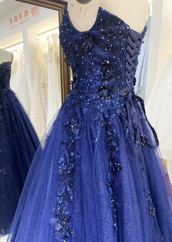 2025 new navy shiny tulle A line sleeveless lace up back elegant prom dress ball gown