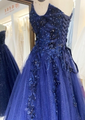2025 new navy shiny tulle A line sleeveless lace up back elegant prom dress ball gown
