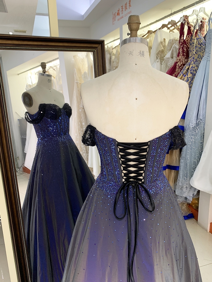 Wholesale new navy rhinestone off shoulder A line sleeveless lace up back elegant prom ball gown dress