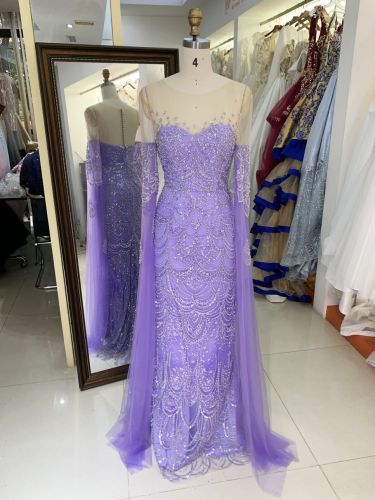 New wholesale beading long sleeves evening dress for girl luxury sequined prom dress 2025