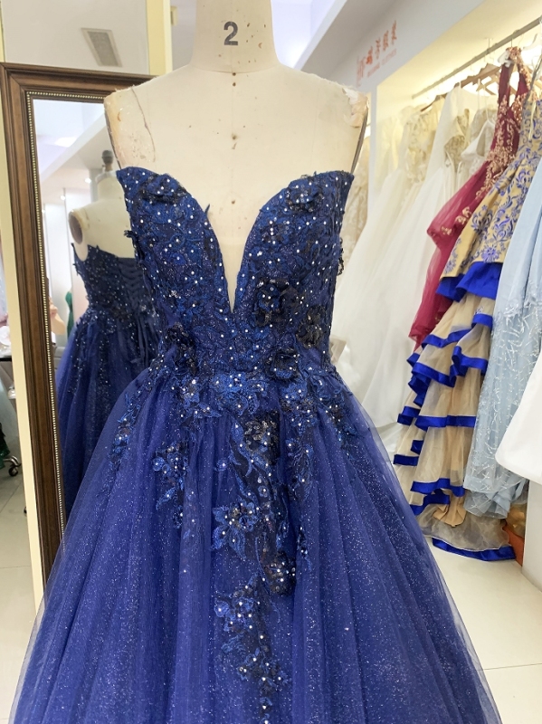 2025 new navy shiny tulle A line sleeveless lace up back elegant prom dress ball gown