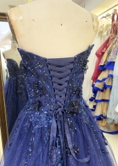 2025 new navy shiny tulle A line sleeveless lace up back elegant prom dress ball gown