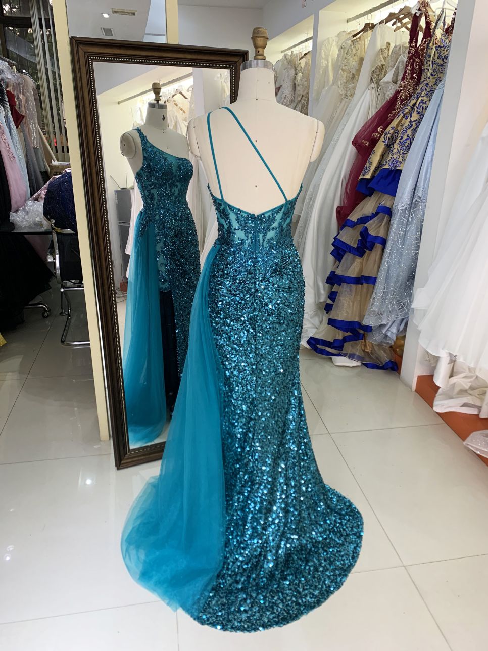New green one shoulder wholesale outfit long gowns evening dresses for prom night