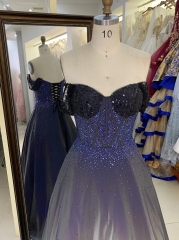 Wholesale new navy rhinestone off shoulder A line sleeveless lace up back elegant prom ball gown dress