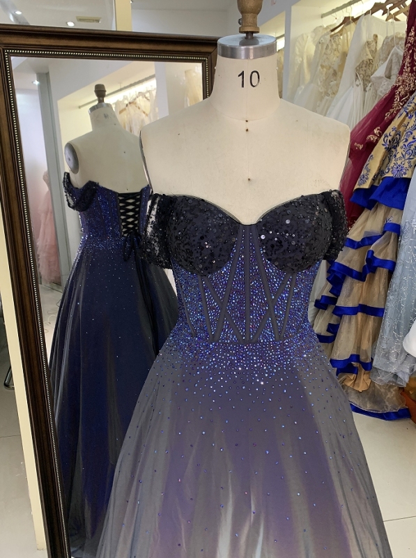 Wholesale new navy rhinestone off shoulder A line sleeveless lace up back elegant prom ball gown dress
