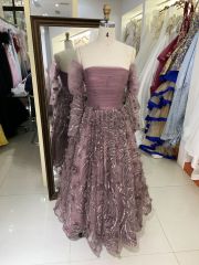 Wholesale mauve long puff sleeve tulle pleated beading A line zipper up back long gown evening prom dress 2025