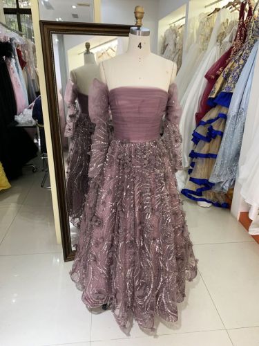 Wholesale mauve long puff sleeve tulle pleated beading A line zipper up back long gown evening prom dress 2025