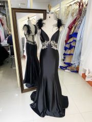 New luxury feather wholesale black prom dress teen long gowns evening for women 2025