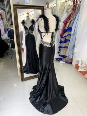 New luxury feather wholesale black prom dress teen long gowns evening for women 2025