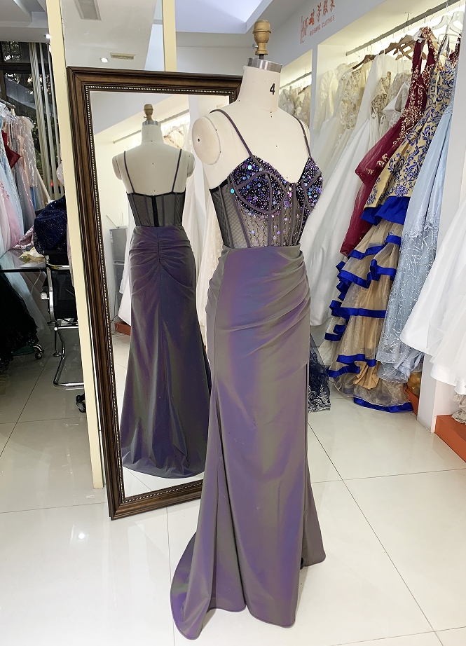Wholesale purple new glitter corset long hand pleated sleeveless side slit mermaid prom dress 2025