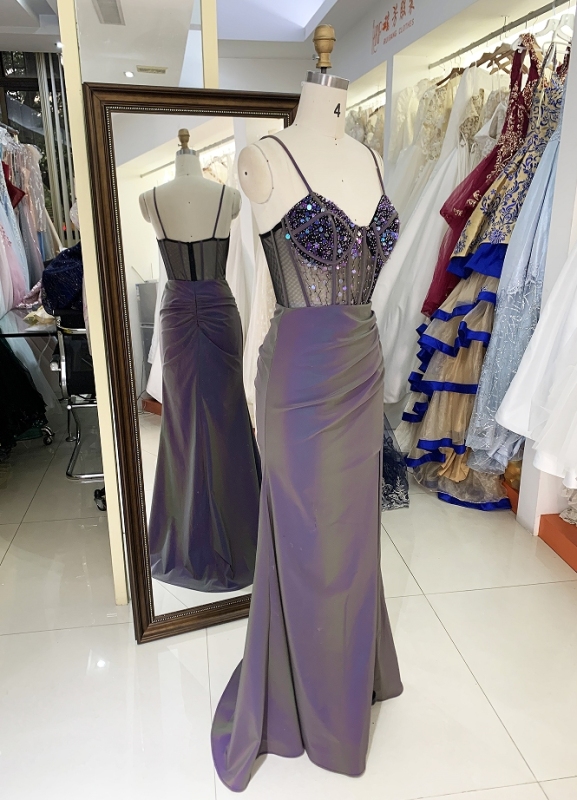Wholesale purple new glitter corset long hand pleated sleeveless side slit mermaid prom dress 2025