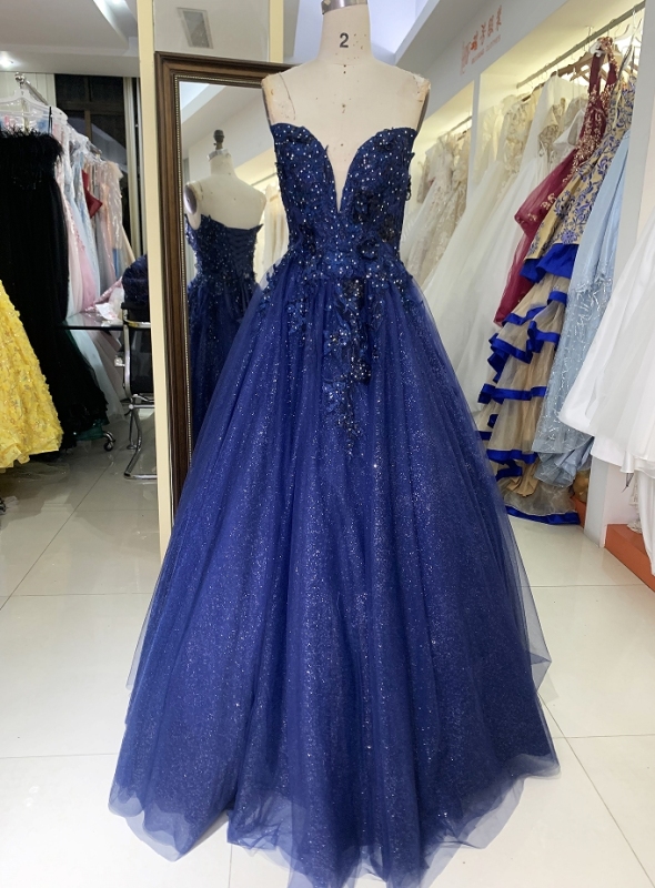 2025 new navy shiny tulle A line sleeveless lace up back elegant prom dress ball gown