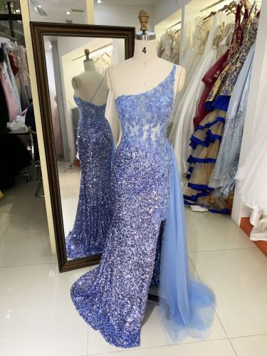 Wholesale dusty blue one shoulder embroidery sequin side slit corset mermaid zipper up back long gown evening prom dress 2025