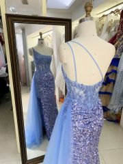 Wholesale dusty blue one shoulder embroidery sequin side slit corset mermaid zipper up back long gown evening prom dress 2025