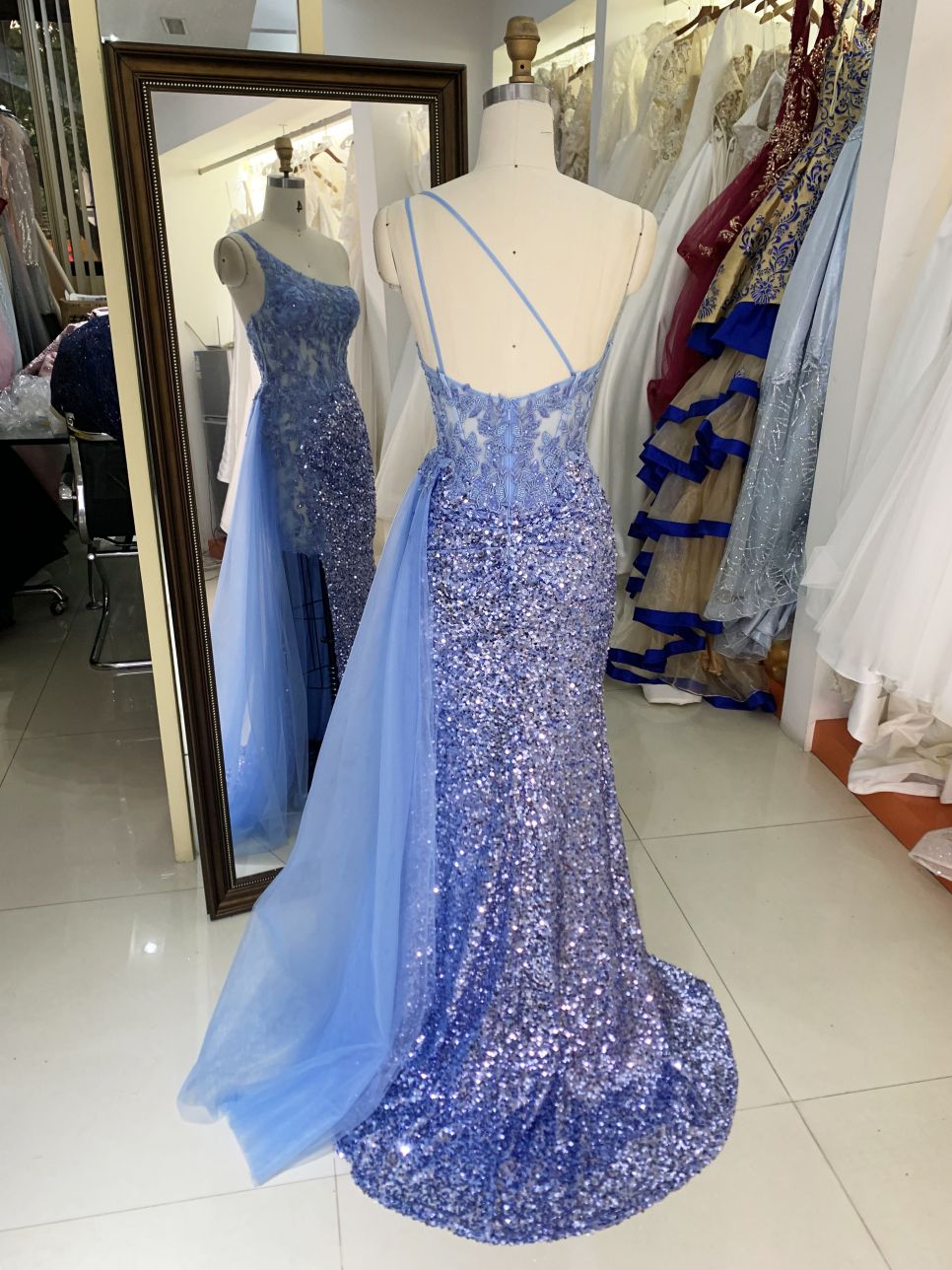 Wholesale dusty blue one shoulder embroidery sequin side slit corset mermaid zipper up back long gown evening prom dress 2025