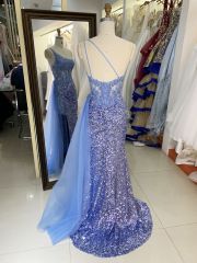 Wholesale dusty blue one shoulder embroidery sequin side slit corset mermaid zipper up back long gown evening prom dress 2025