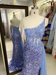 Wholesale dusty blue one shoulder embroidery sequin side slit corset mermaid zipper up back long gown evening prom dress 2025