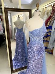 Wholesale dusty blue one shoulder embroidery sequin side slit corset mermaid zipper up back long gown evening prom dress 2025