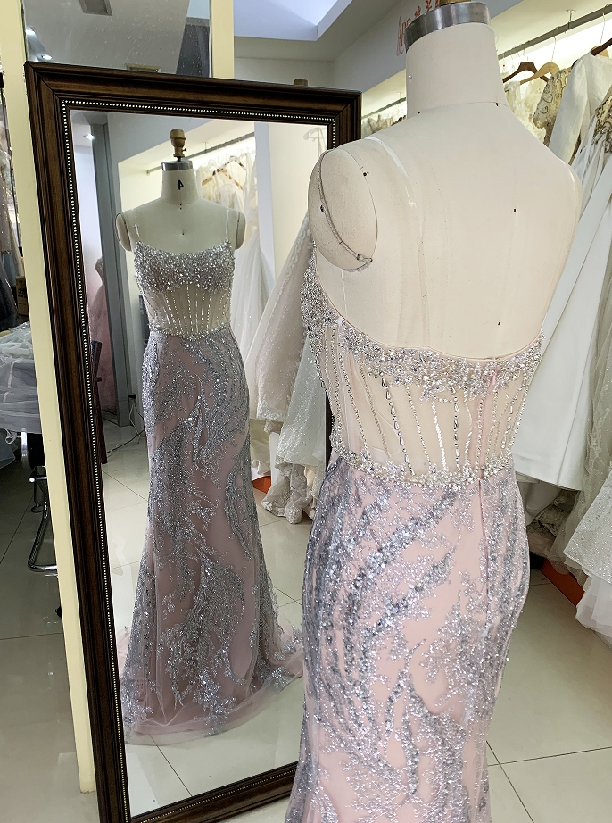 Wholesale new rose gold corset beading see through mermaid glitter zipper up back prom dresses