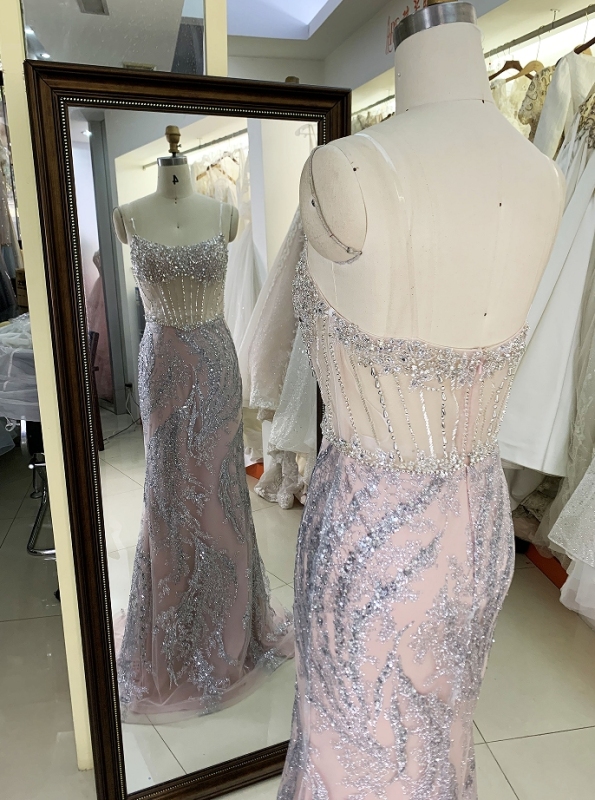 Wholesale new rose gold corset beading see through mermaid glitter zipper up back prom dresses