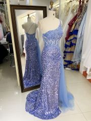Wholesale dusty blue one shoulder embroidery sequin side slit corset mermaid zipper up back long gown evening prom dress 2025