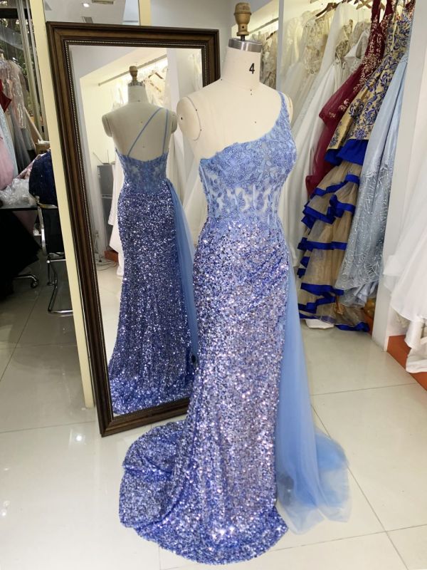 Wholesale dusty blue one shoulder embroidery sequin side slit corset mermaid zipper up back long gown evening prom dress 2025