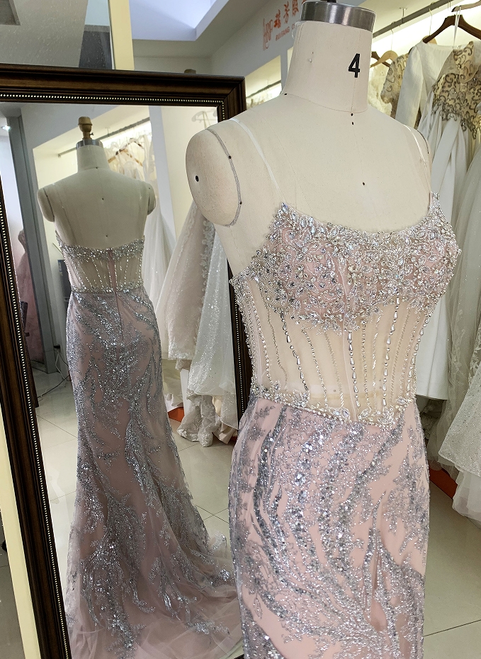 Wholesale new rose gold corset beading see through mermaid glitter zipper up back prom dresses
