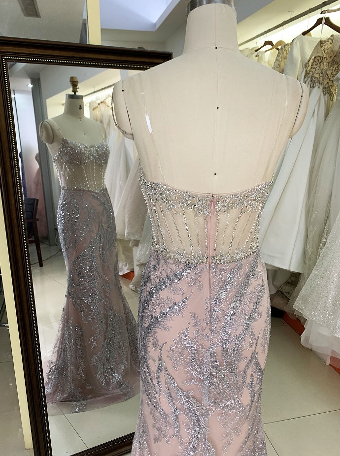 Wholesale new rose gold corset beading see through mermaid glitter zipper up back prom dresses